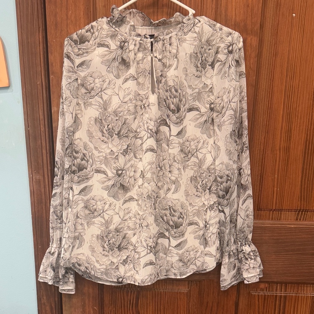 White House Black Market Gray Floral Button Down Shirt